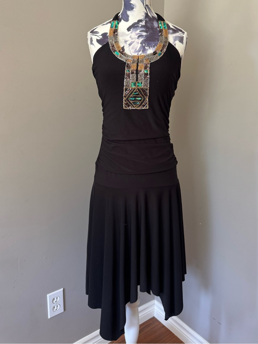 Y2K Mei Mei Halter With Intricate Green Silver & Gold Beading Handkerchief Hem